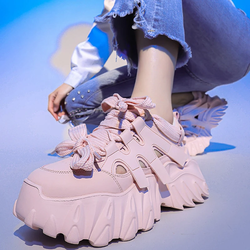 6.5cm Hollow Chunky Fashion Sneakers Genuine Leather Women Vulcanize Sandles New Female Summer Comfy Lace Fashion Females Shoes