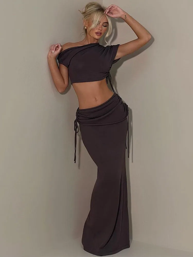 

Хороший облегающий комплект с юбкой, пикантный Открытый Топ с коротким рукавом, кружевная юбка на шнуровке с косым плечом, обтягивающая бедра