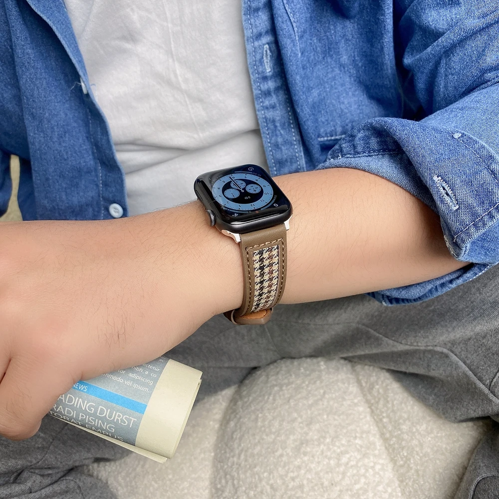Ремешок мужской для Apple Watch 49Ultra кожаный браслет iwatch Houndstooth 44/40 мм 5 6 7 8 38 42 SE1 2 3 4