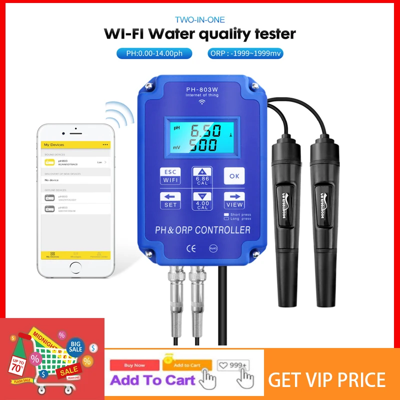 

Цифровой тестер качества воды PH-803W Wifi 2 в 1, Контроллер PH и ORP, BNC-зонд, онлайн-тестер для аквариума, бассейна