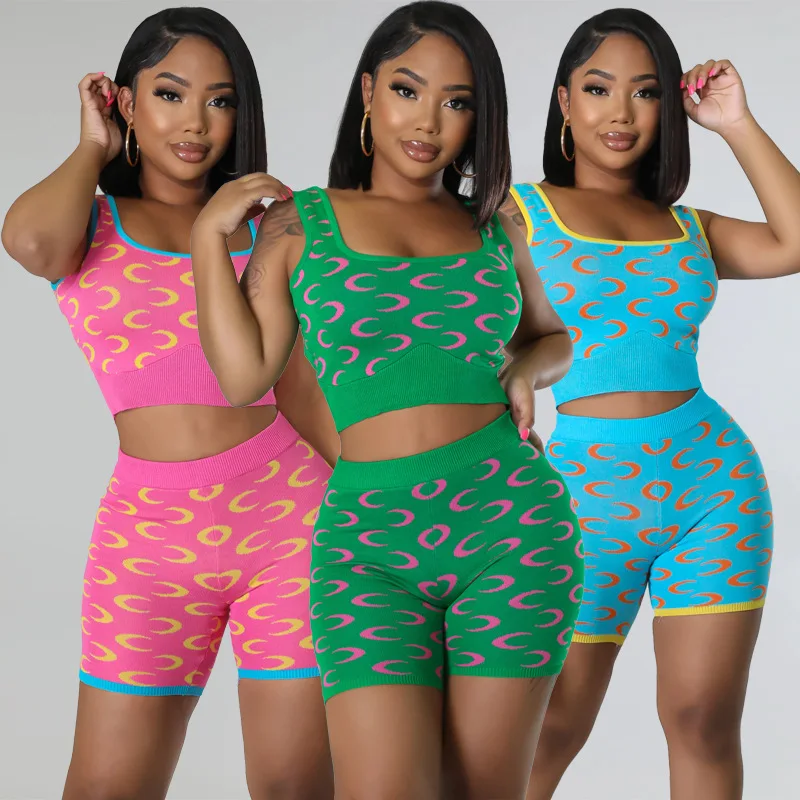 

Short Jogger Set Fitness Tracksuit Printed Women Knitted 2 Piece Set Sleeveless Tank Top Skinny Biker Shorts Matching