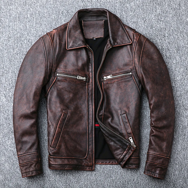 

Vintage Red Brown Real Cowhide Genuine Leather Jacket Men Motorcycle Coat Mens Biker Clothes Spring Autumn Asian Size 6XL