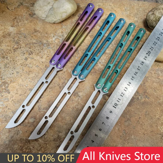 

THEONE Tsunami Butterfly Training Trainer Knife damascus/440 blade Channel Titanium Handle Bushing System Jilt EDC Tool Knives