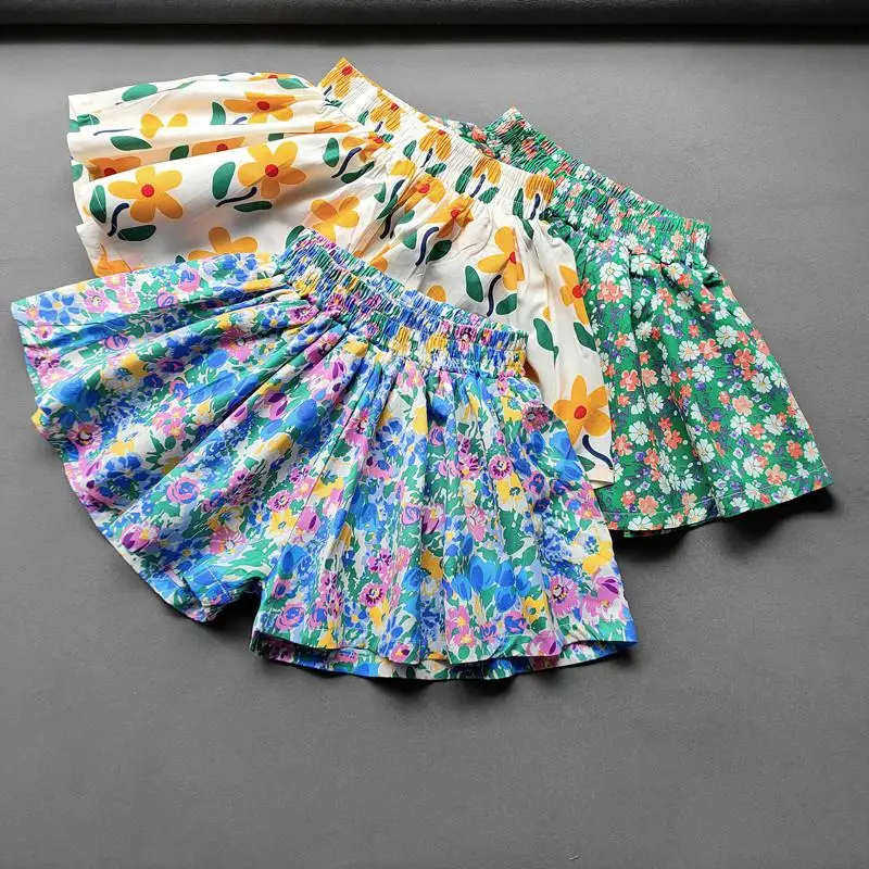 

Summer Floral Flowers Children Kids Shorts for Girls Wide-Leg Beach Shorts Princess Girl Pants