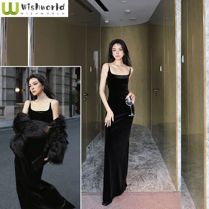 2023 Summer New Black Gold Velvet Upscale Dress Elegant Women's Queue Dress Bodycon Wrap Hip Skinny Long Dresses