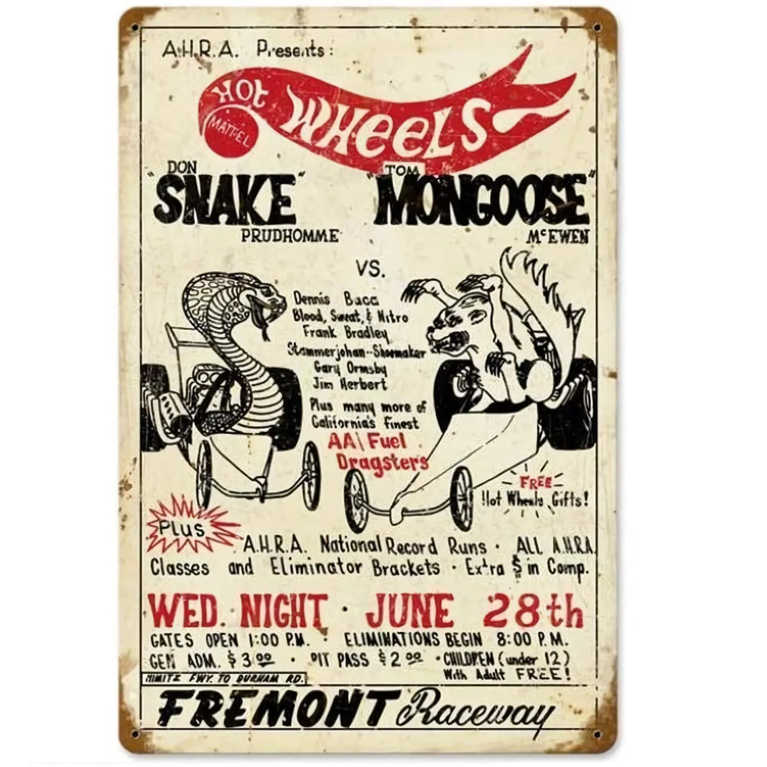 

Metal Plaque Poster Hot Wheels Snake Mongoose Tin Sign Farm Home Garage Coffee Bar Wall Decoration Retro Metal Plate 12*8 Inch