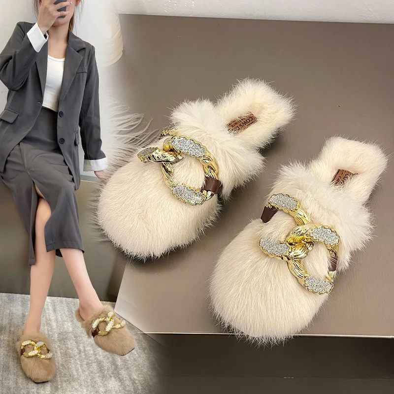 

Women Winter New Outdoor Plush Fashion Flat-bottomed Slipprs Casual Metal Plush Slippers Female Flat Slippers Chaussure Femme