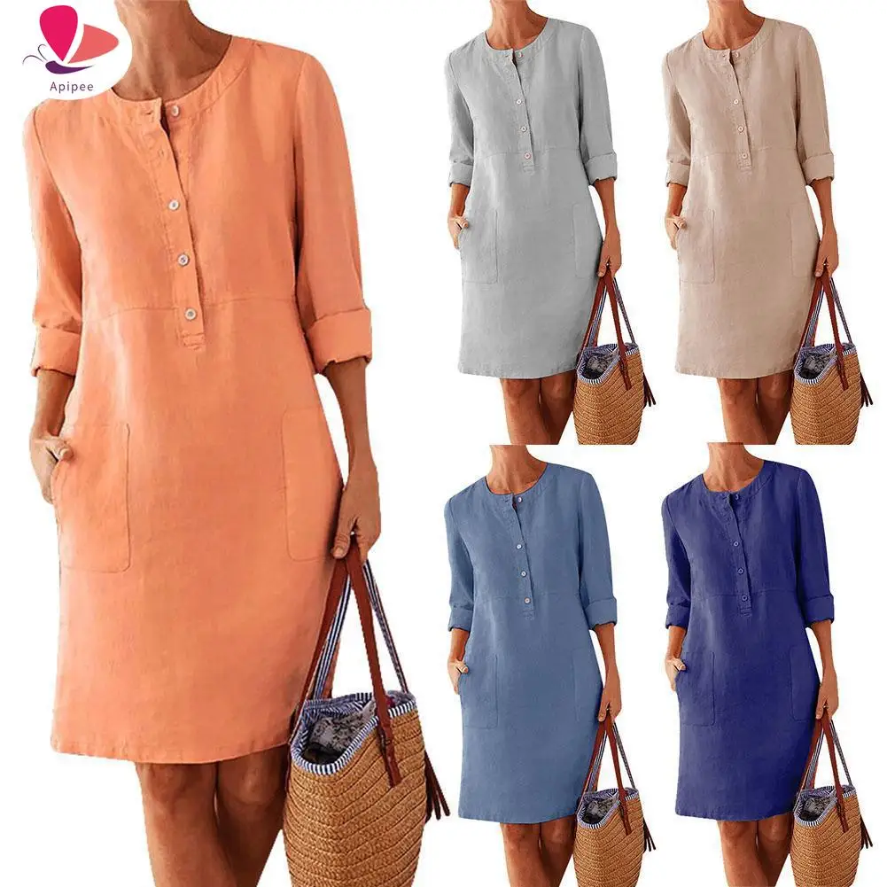 

2023 Casual Solid Color Cotton Linen Women Long Sleeve Tunic Kaftan Dress Length Vestidos Autumn Dresses Clothing