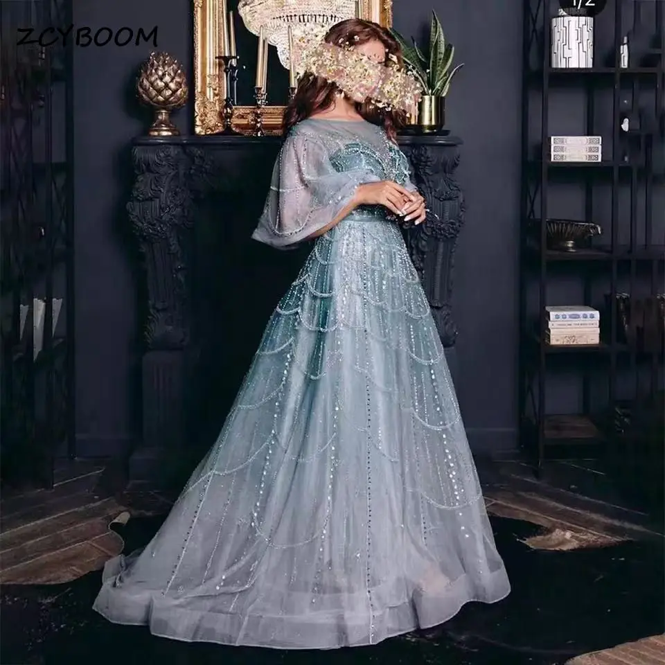 

Женское вечернее платье с круглым вырезом, элегантное зеленое платье-трапеция с открытой спиной и длинными расклешенными рукавами, роскошное блестящее платье с бисером для вечевечерние, 2022