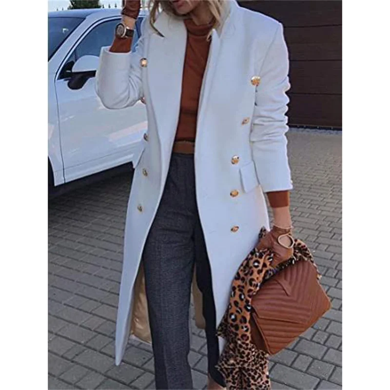 

Woolen Coat Women White Pink Khaki Lapel Fashion Slim Tops Nice New Autumn Winter oversize Temperament Long Blends Jacket GH517