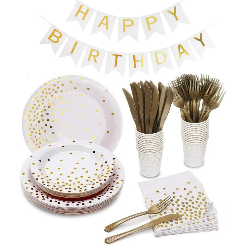 

Platinum theme disposable tableware set hot stamping polka dot birthday party decoration paper plate paper cup paper towel straw