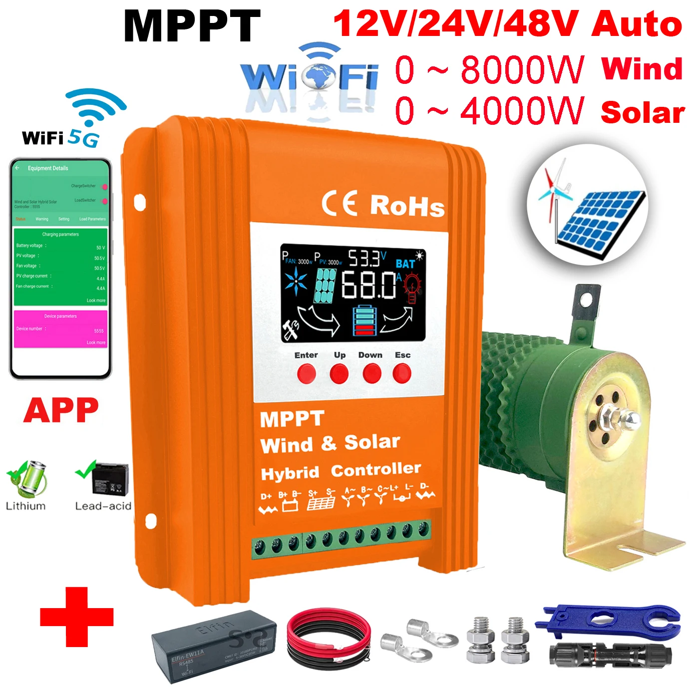 

12V 24V 48V 3KW 5000W 6000W Hybrid Wind Solar Charge Controller MPPT Battery Equalizer 80A 100A Lifepo4 Lithium other Battery