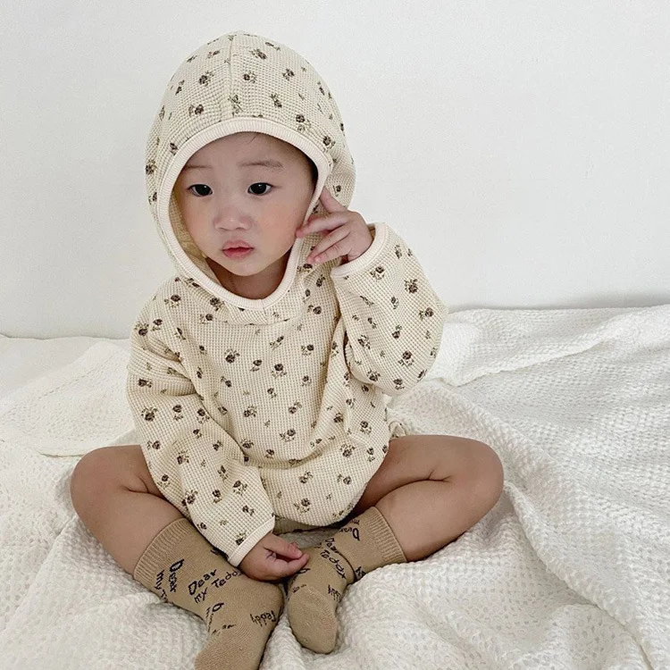 

2022 Autumn New Baby Long Sleeve Hooded Bodysuit Infant Girl Waffle Floral Jumpsuit Baby Boy Loose Casual Clothes 0-24M