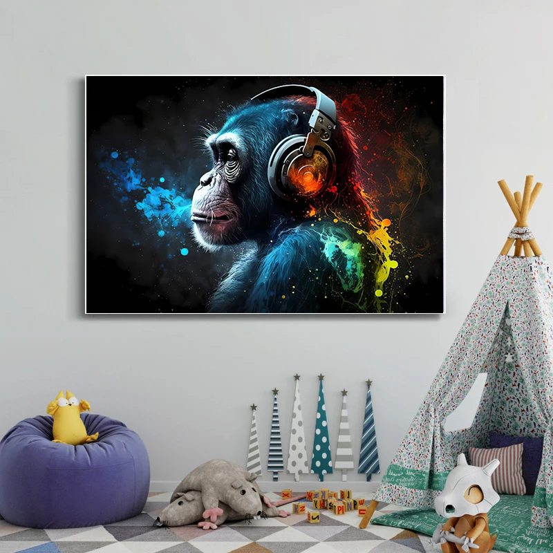 Обезьяна с наушниками DJ обезьяна плакат и принты граффити шимпанзе Картина на