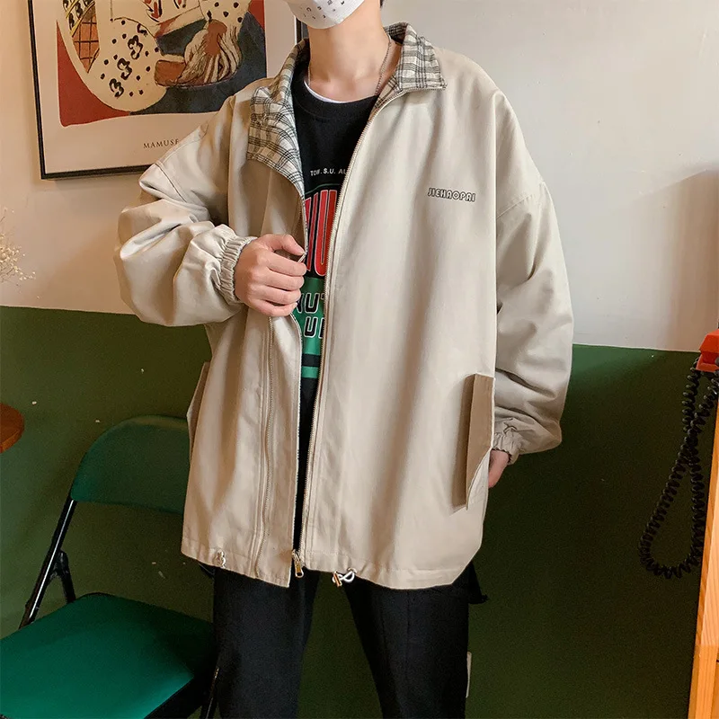 

J GIRLS Jackets Men Double-sided Turn-down Collar Plaid Jacket Male Fall All-match Korean Chic Outwear Running Coat