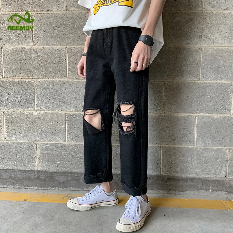Neemoy 2022 New High Street Jeans Male Ankle-length Tide Brand Hip Hop Casual Pants Summer Straight S-3XL Men's Clothing