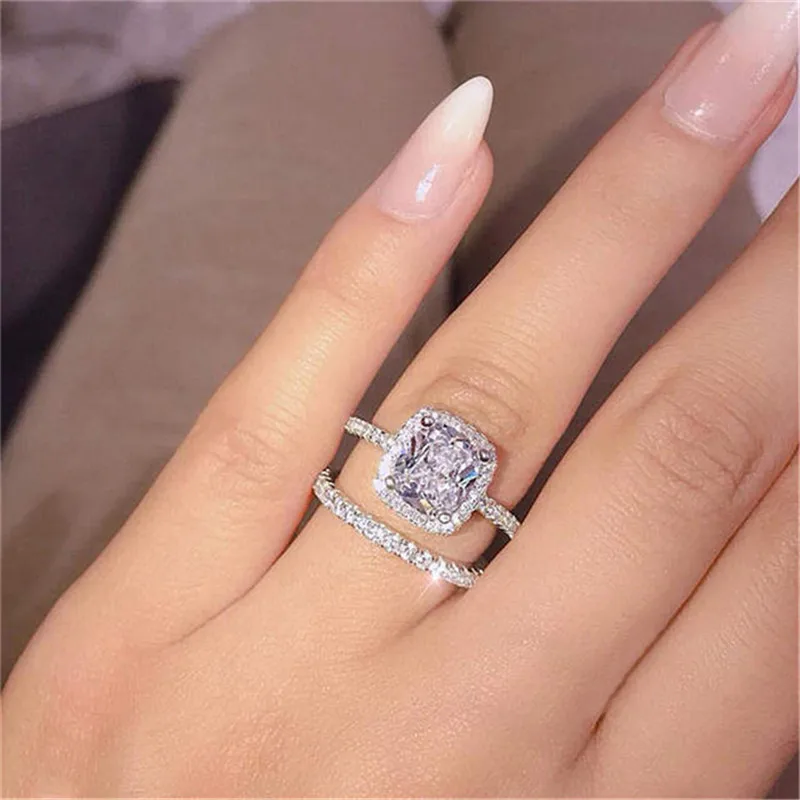 

2pcs/set Rings For Women S925 Silver Couple Cubic Zirconia Set Ring Bridal Wedding Engagement Fine Jewelry Drop Shipping