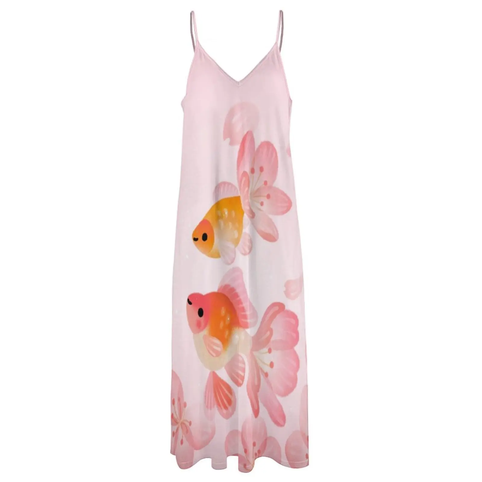 Длинное платье без рукавов с цветком вишни и золотой рыбкой 1 женское для женщин