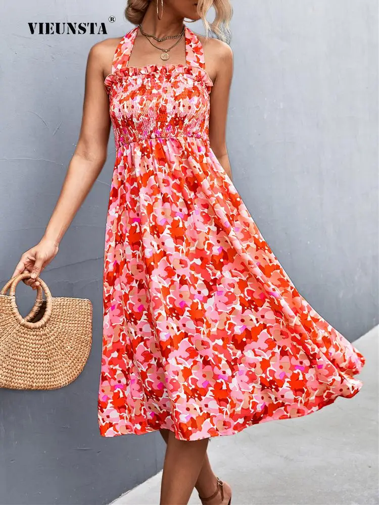 

Summer Fashion Ladies Halter Slim Long Dress Sexy Ruffle Floral Print High Waist Party Dress Women Sleeveless Beach Maxi Dresses