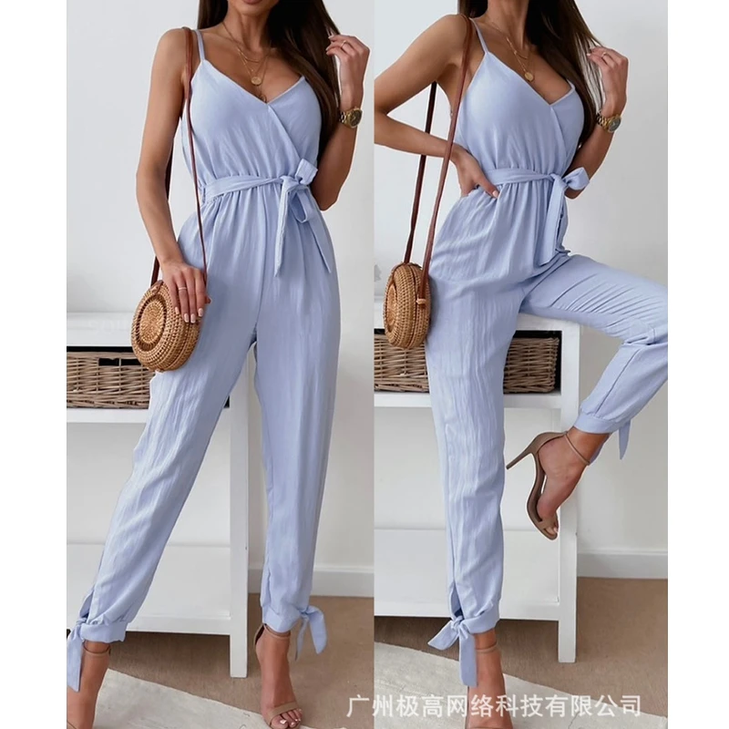 Women Jumpsuits Summer Solid Color Slim Fit Lace-up High Waist Jumpsuits Women V-neck Spaghetti Strap Backless Pencil Jumpsuits