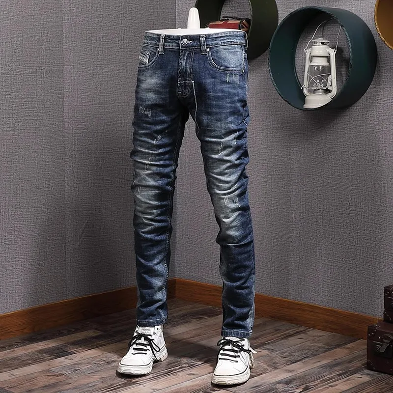 Fashion Designer Men Jeans Retro Washed Blue Elastic Slim Fit Ripped Jeans Men Casual Trendy Trousers Vintage Denim Pants Hombre