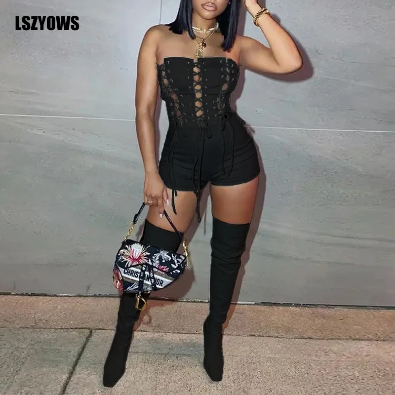 

Black White Strapless PU Leather Playsuits Women Romper Sexy Eyelet Lace Up Hollow Out Skinny Jumpsuits Backless Party Club Wear