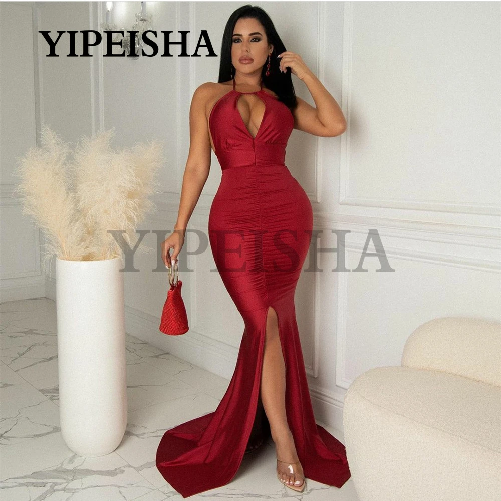 

Halter Neck Sexy Front High Split Mermaid Evening Dress Backless Sweep Train Simple Prom Gown robes de soirée vestidos de fiesta