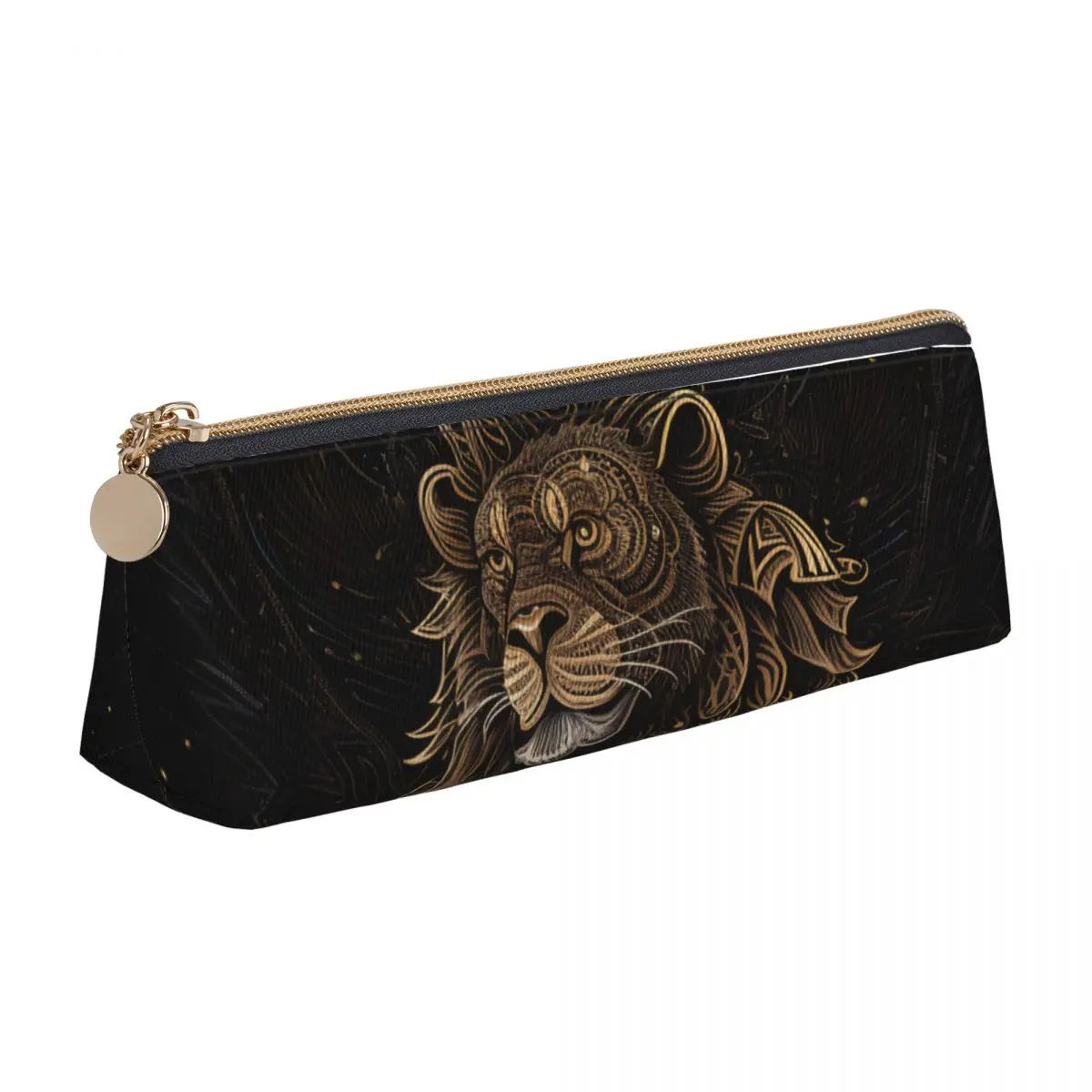 

Lion Triangle Pencil Case Intricate Lines Art Illustration For Teens College Zipper Pencil Box Retro Leather Pen Bags