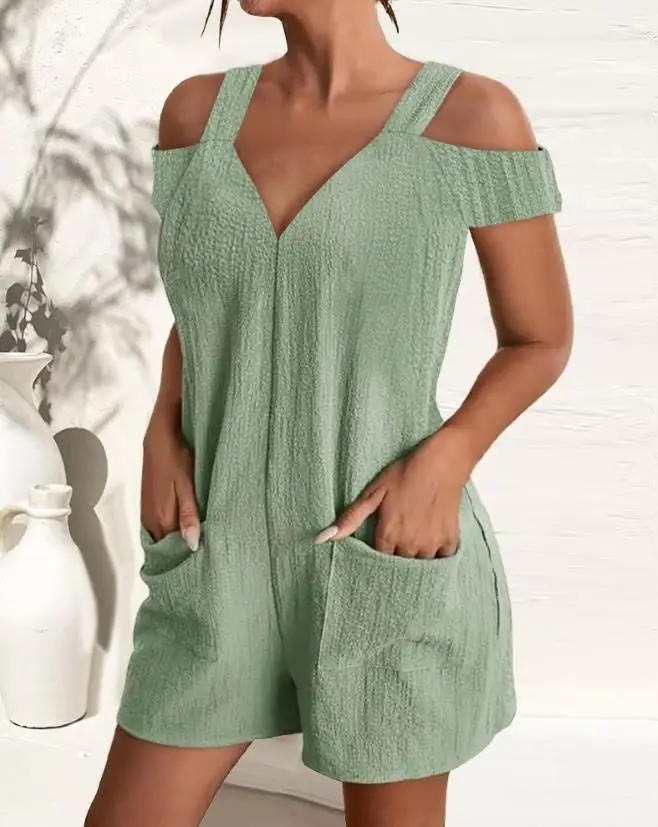 Summer Outfits Jumpsuit for Women Solid Color Cold Shoulder Pocket Design Sleeveless Casual Jumpsuit VNeck Strapless Mini Romper