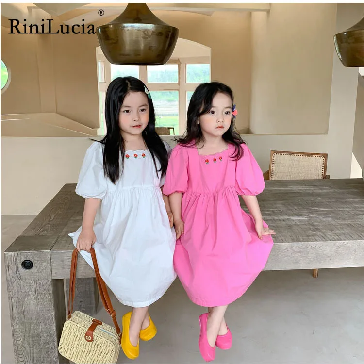 

RiniLucia 2022 Summer Girls' Embroidered Dress Retro Square Collar Skirt Children Skirt Bubble Sleeve Girl's Princess Dress
