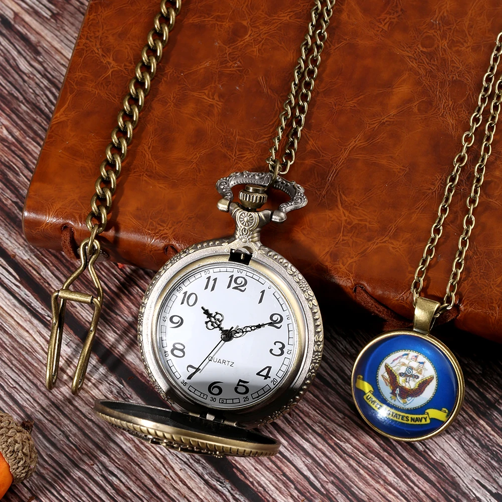 Quartz Pocket Watch Sets for Men Retro Engraving Eagle Design Fob Watch Commemorative Badge Art Collections Gift Set for Men