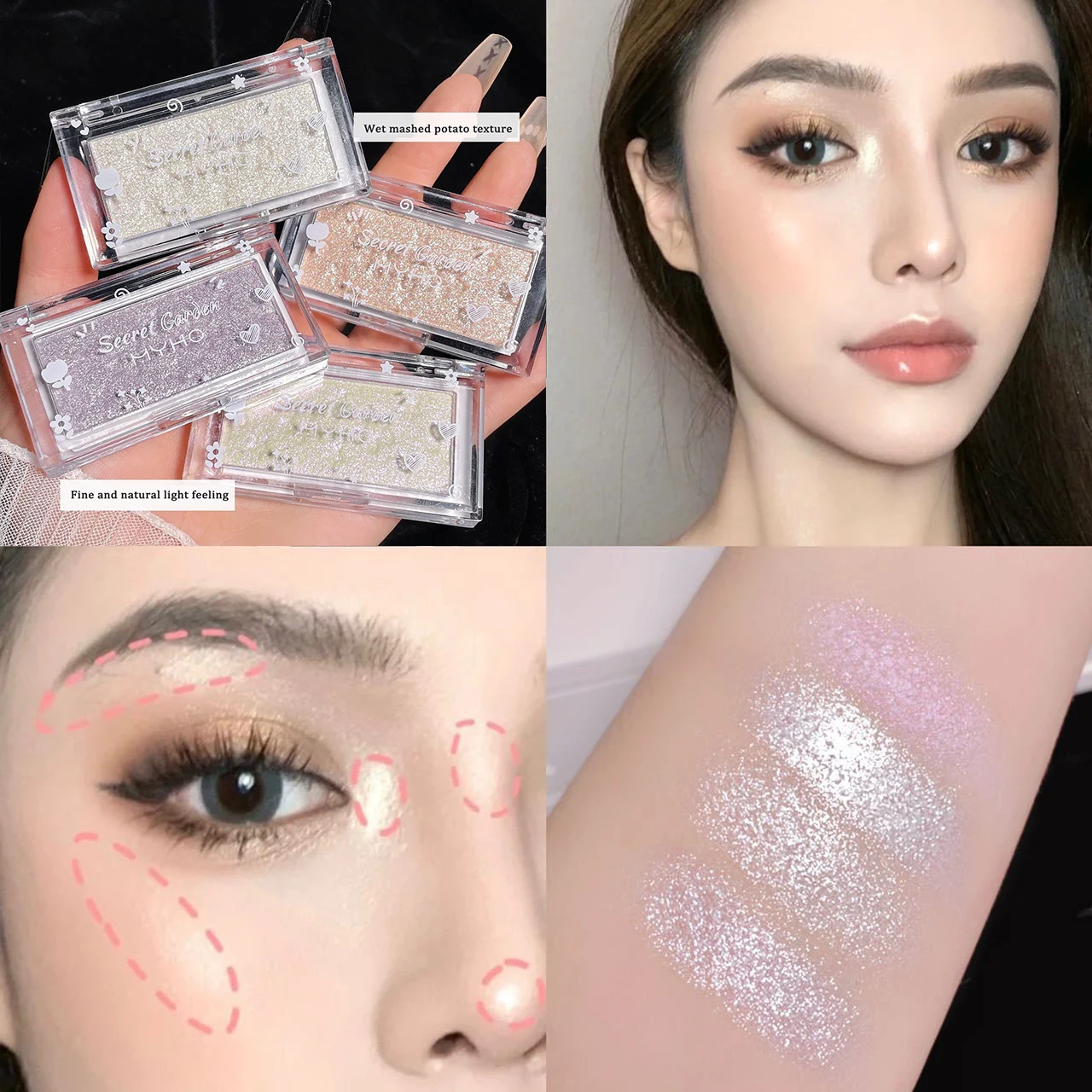 Three Scouts Silver White High Gloss Face Brightening Makeup Diamond Highlighter Palette Mashed Potato Texture Shimmer Iluminado