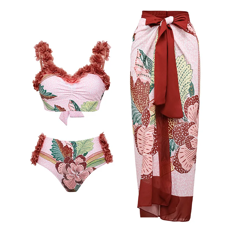 

2023 Women Swimwear 3D Flower Bikini Swimsuit With Skirt Print Luxury Beach Dress High Waist Bikini Set Vintage Bathing Suit