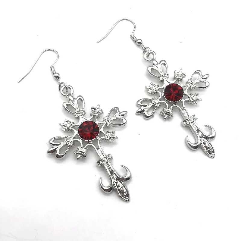 

Gothic Vintage Cross Pendant Earrings Red Zircon Punk Jewelry Fashion Charm Statement Women's Wedding Party Gift