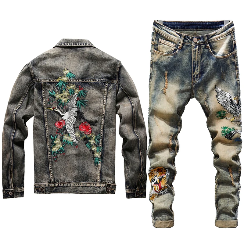 New Men Vintage Sets Embroidered Red Crowned Crane Hole Distressed Jackets + Embroidered Tiger Jeans Mens Clothing 2 Piece Set