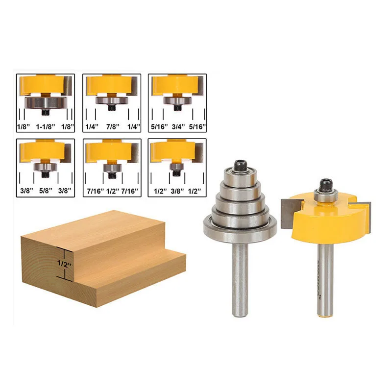 

1PC 8MM 1/4" 6.35MM 1/2" 12.7MM Shank Milling Cutter Wood Carving With 6 Bearings Set -1/2"H Woodworking Tenon Rabbet Router Bit