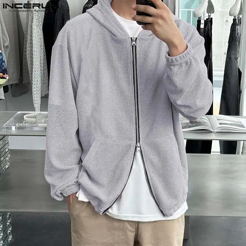 

INCERUN Tops 2023 Korean Style New Men Solid Double Zipper Design Shirts Casual Streetwear Male Long Sleeved Hooded Blouse S-5XL