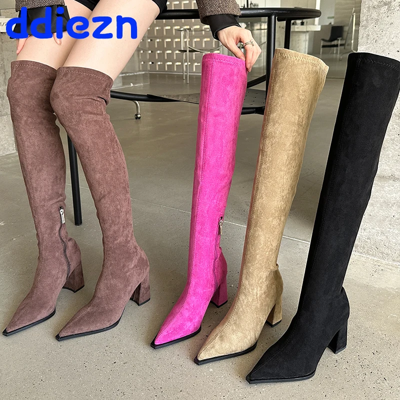 

Модная обувь из флока, современные женские сапоги с острым носком, женская обувь на каблуке, туфли-лодочки, эластичные длинные сапоги выше колена для женщин