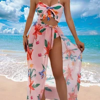 womens new three piece swimwear beach sun protection skirt fashion print bikini suit slings gather backless beach skirts xl