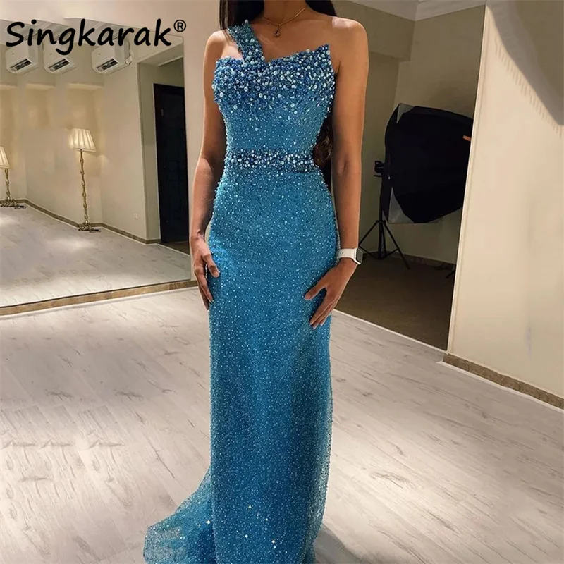 

New Arrival 2023 Dubai Mermaid Evening Dresses Elegant One Shoulder Sparkly Beads Pearls Formal Party Gowns Robe De Soirée