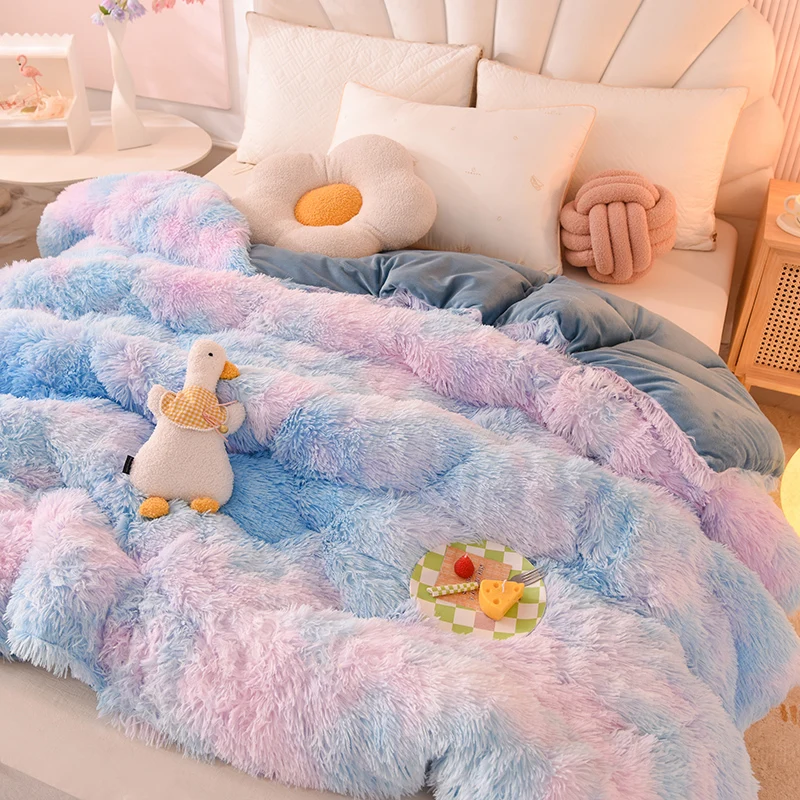 

Winter Comforter Mink Hair Duvet AB Side Warm Quilt Long Hair Soft Thicken Edredón Home Linen Hot Flannel Fleece Faux Fur Duvet