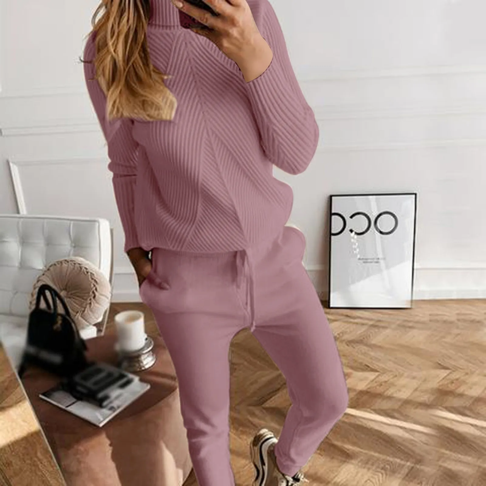 

Женский трикотажный комплект, костюм, водолазка, однотонный пуловер, свитера, брюки, костюм, свитер, Женский комплект с длинным рукавом, свит...