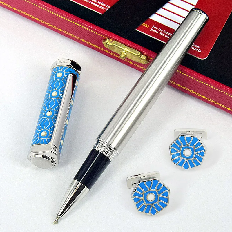 

MSS Santos-Dumont de CT Heptagon Blue and White Pattern Luxury Roller Ball Pen Silver Trim With Serial Number Writing Smooth