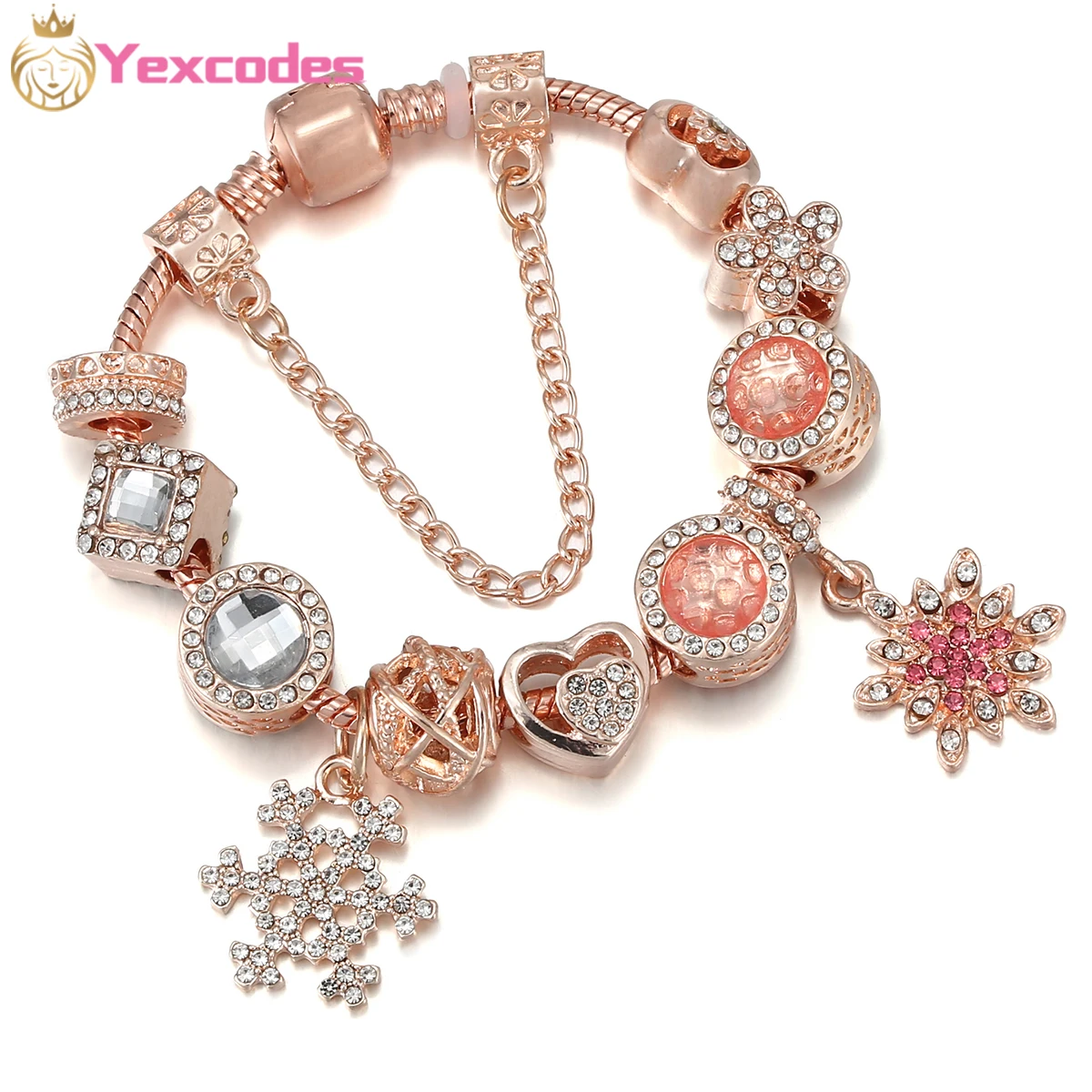 

Yexcodes European American Hot-selling Rose Gold Charm Bracelet Pink Snowflake Crystal Pendant DIY Brand Women Bracelet Gifts