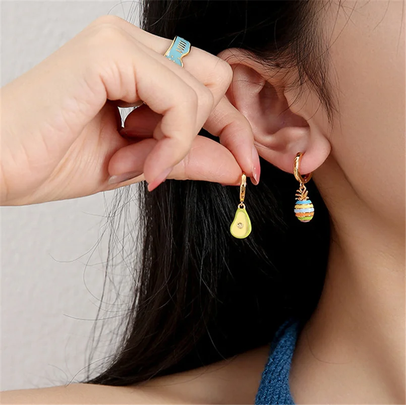 

1pc Cute Fruit Enamel Rings For Women Pineapple Avocado Hoop Earrings Korean Style Jewelry Accessories Gift Y2k