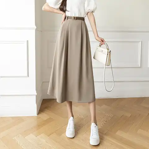Women Long Skirt Office Lady Work Wear High Wasit A Line Solid Vintage Elegant Skirt With Belt Big Swing High Quality Chic I462