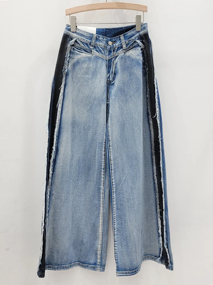 DEAT Женские джинсы с высокой талией свободные лоскутные брюки контрастного цвета