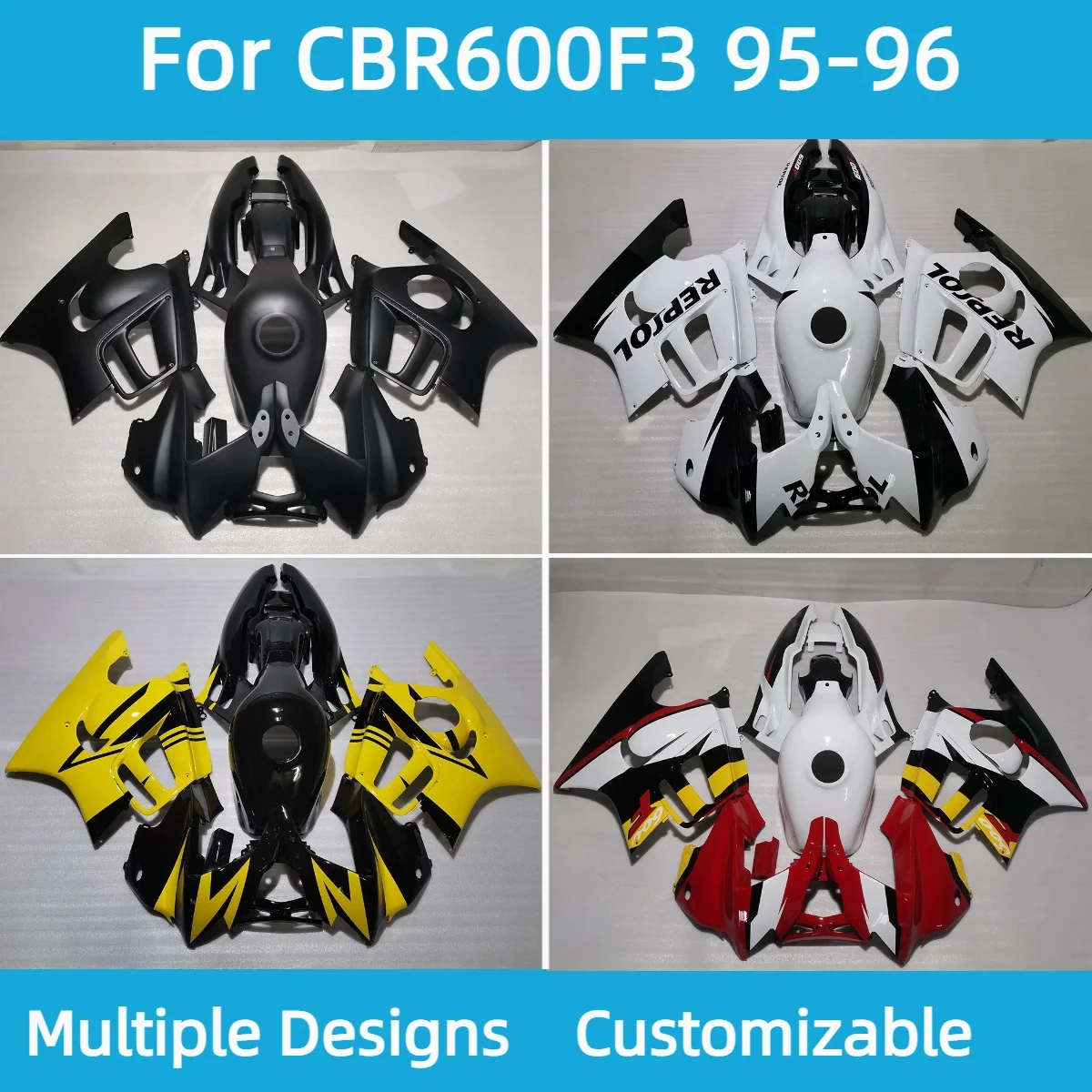 Фото Для мотоцикла CBR600F3 1995-1996 годов выпуска, комплект обтекателей из АБС-пластика, окрашенные обтекатели, кузовные панели, индивидуальный дизайн в желто-черном цвете. №1
