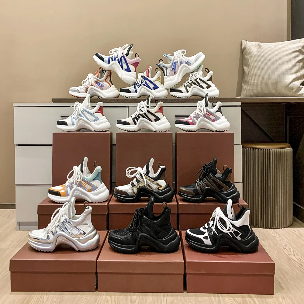 Women Platform Arched Shape Vulcanize Sneakers Height Increasing Breathable Mesh Mixed Color Lace-Up Running Shoes Woman Shoes