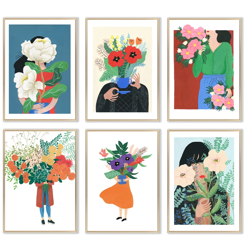 

Nordic Colorful Flower Leaf Girl Canvas Paintings Abstract Potted Plants Woman Posters Print Cartoon Wall Art Picture for Room